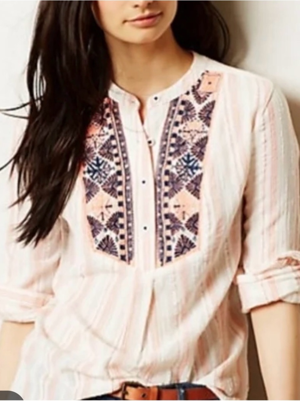 Anthropologie HOLDING HORSES Blush Pink Embroidered Peasant Blouse